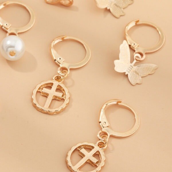 Multi-Element Lightning Cross Small Ear Ring Earings Set - Image 3