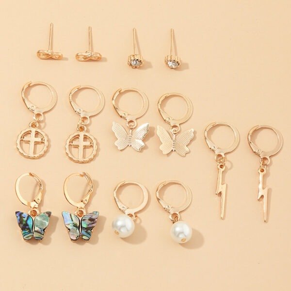 Multi-Element Lightning Cross Small Ear Ring Earings Set