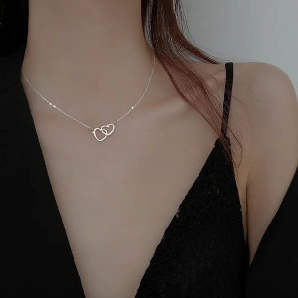 Simple Metal Hollow Double Heart Necklace for Women Creative Connected Heart Silver Color Clavicle Chain Necklace Party Jewelry - Image 7