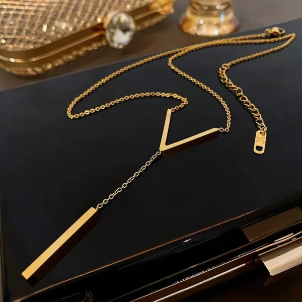 Stainless Steel V Shape Stick Pendant Necklace for Women Ladies Dainty Long Chain Necklace  Party Jewelry - Image 7