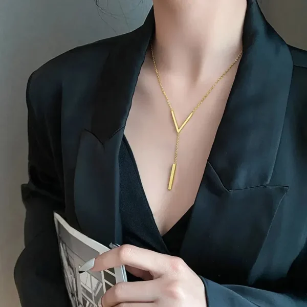 Stainless Steel V Shape Stick Pendant Necklace for Women Ladies Dainty Long Chain Necklace  Party Jewelry - Image 5