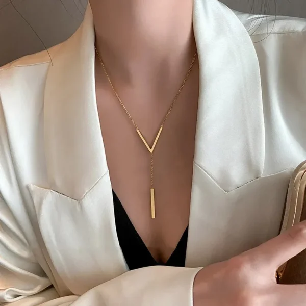 Stainless Steel V Shape Stick Pendant Necklace for Women Ladies Dainty Long Chain Necklace  Party Jewelry