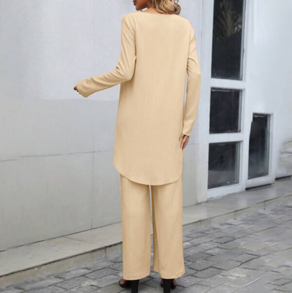 Women's Fashion Long Sleeve Irregular Hem Top Elastic Waist Wide Leg Trousers Two-piece Set - Image 4