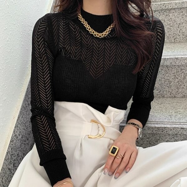 Elegant Half Turtleneck Hollow-out Slim Sweater - Image 3