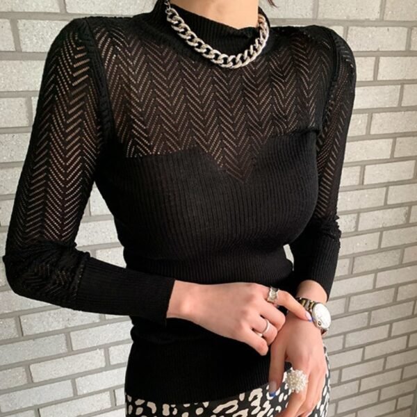 Elegant Half Turtleneck Hollow-out Slim Sweater - Image 4